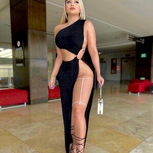 Meshki Paige Ruched Side Cut Out Asymmetrical Maxi Dress - Black